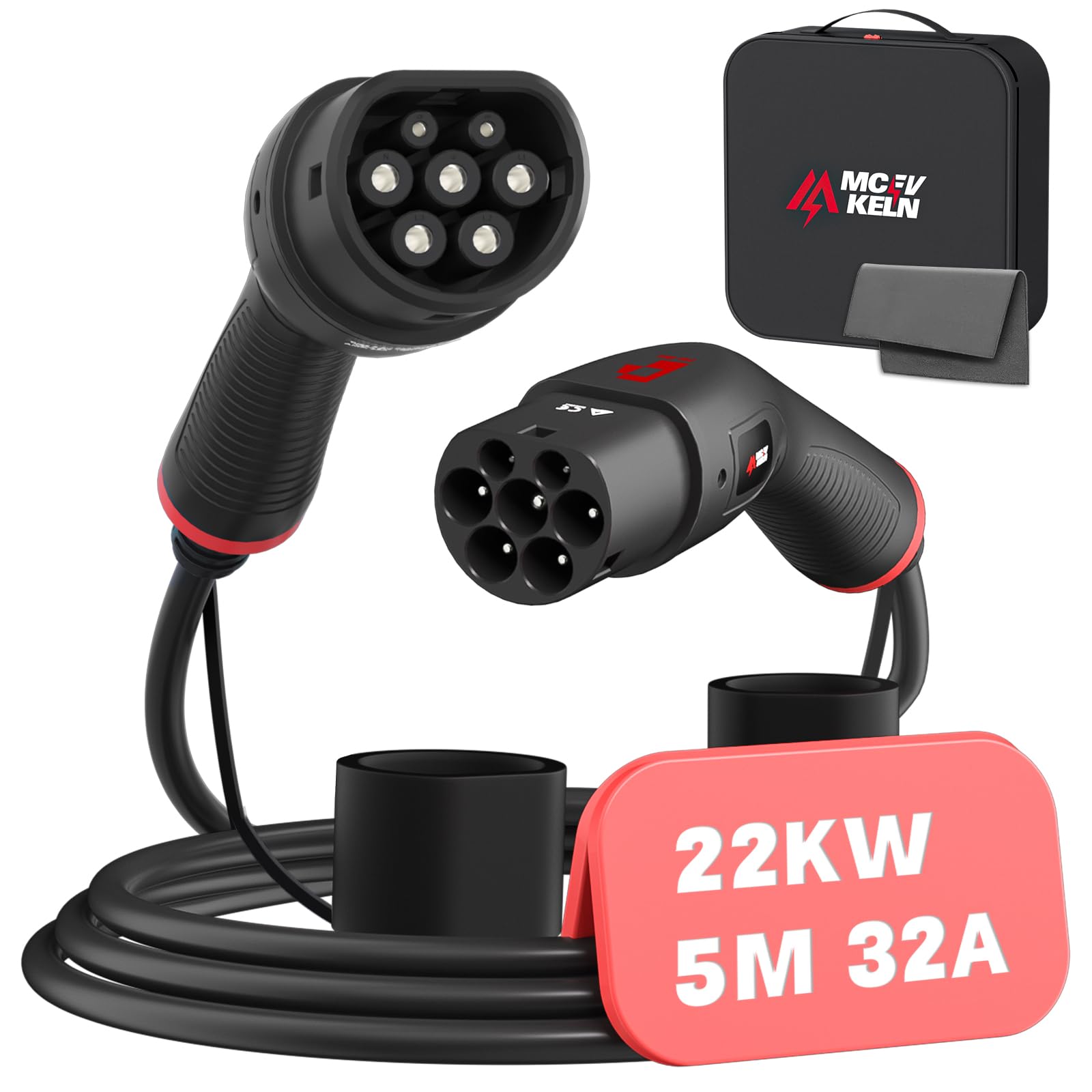 Cable de Carga Coche Electrico Tipo 2 |32A 22KW | Trifásica |5 Metros |Tipo 2 a Tipo 2 | Cargador EV Cable de Carga IEC 62196-2 para Vehículos Eléctricos y Híbrido Plug-in, con Bolsa
