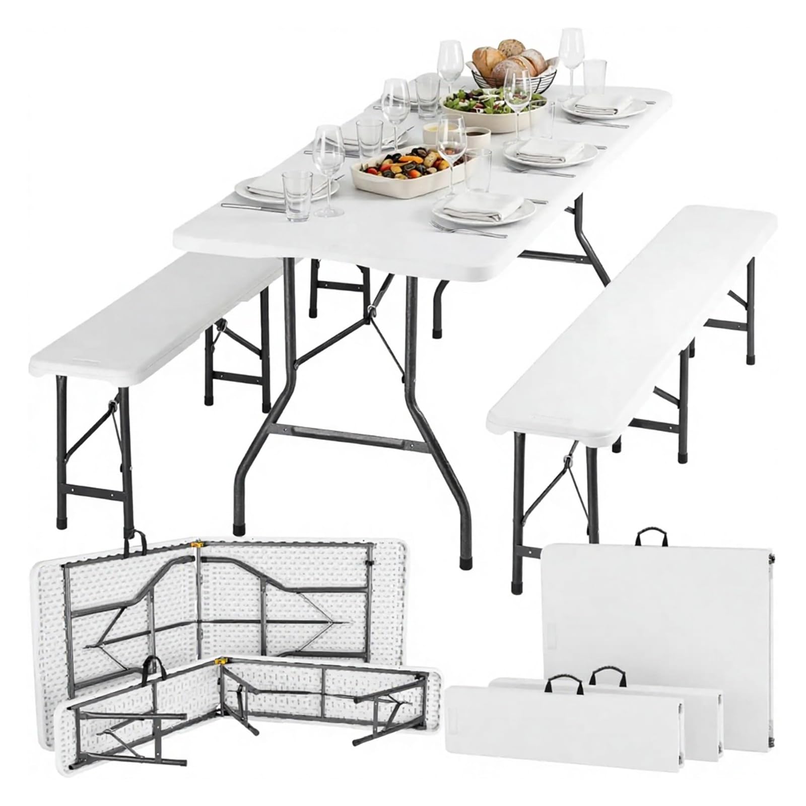 Set Mesa Plegable con 2 Bancos 180 cm, Conjunto de Jardín y Camping para 6-8 Personas, Mesa Maleta Portátil con Estructura de Acero y Superficie HDPE