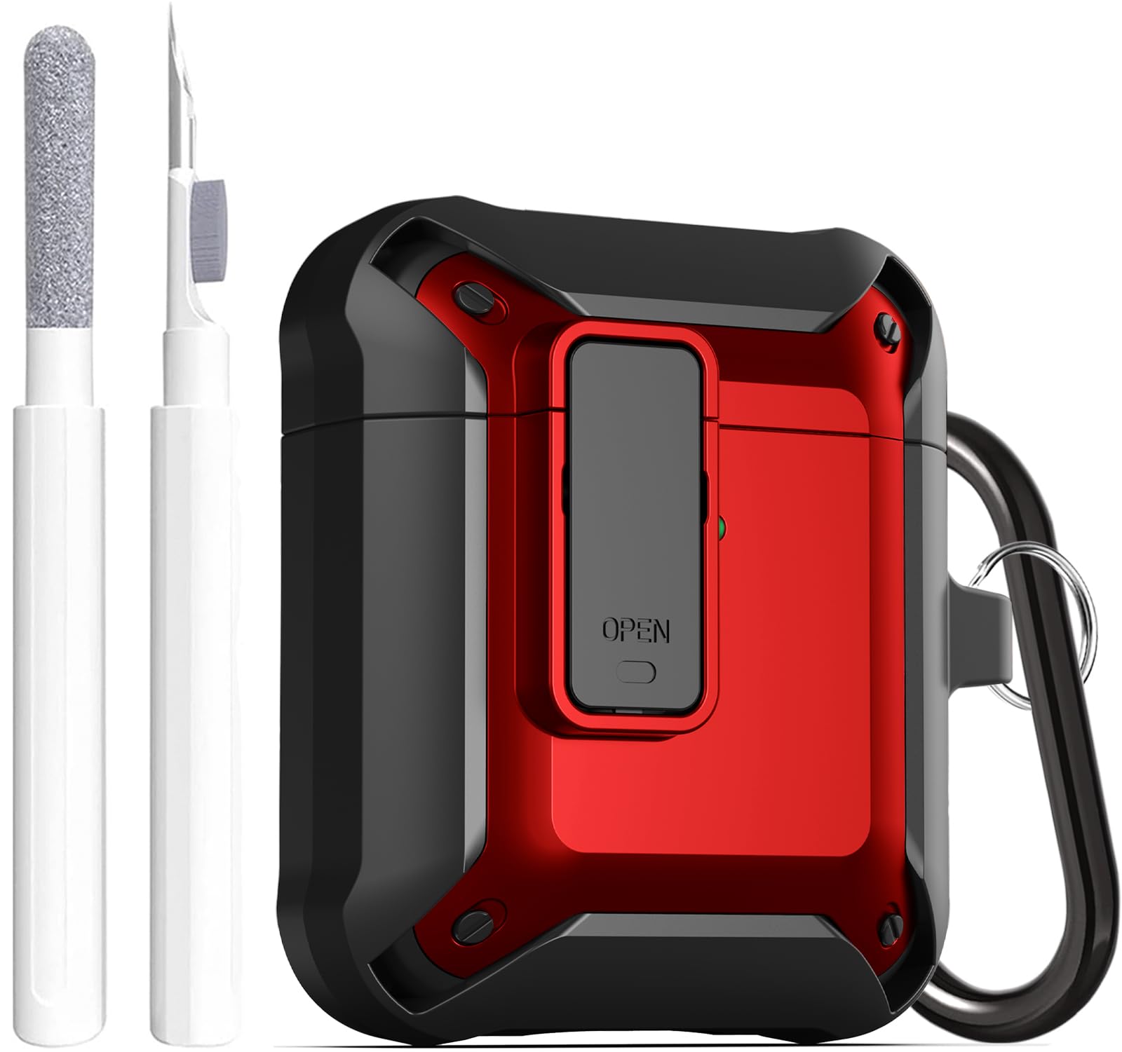 Wonjury Upgraded Armor Secure Lock Airpod Case for Men Lock with Cleaner kit, Earpods Case Shockproof Protective Case for Apple AirPod 2&1 Wireless Cases Women (Black/Red)