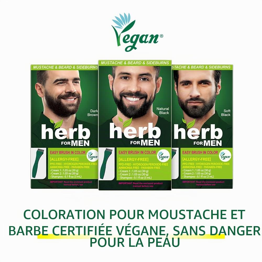 Teinture pour Moustache et Barbe Sans PPD ni Ammoniaque, Ingrédients Végétaliens Naturels, Sans Odeur, Sans Irritations Cutanées pour Peau Sensible – Noir Naturel.