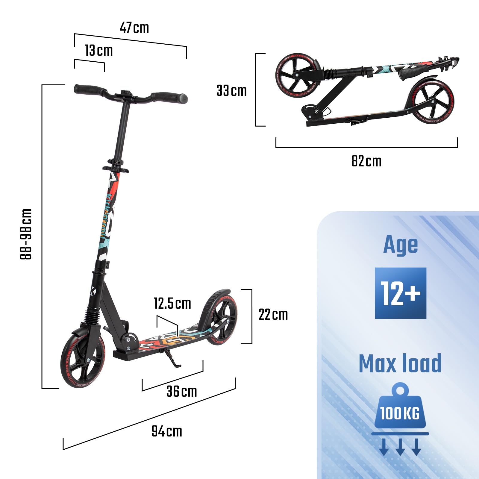 Leogreen Trottinette Scooter Pliable Trottinette Stableen Aluminium Noir | Hauteur de Guidon Réglable, avec Béquill, Roues à 205 mm, pour Adultes et Adolescents à 100kg