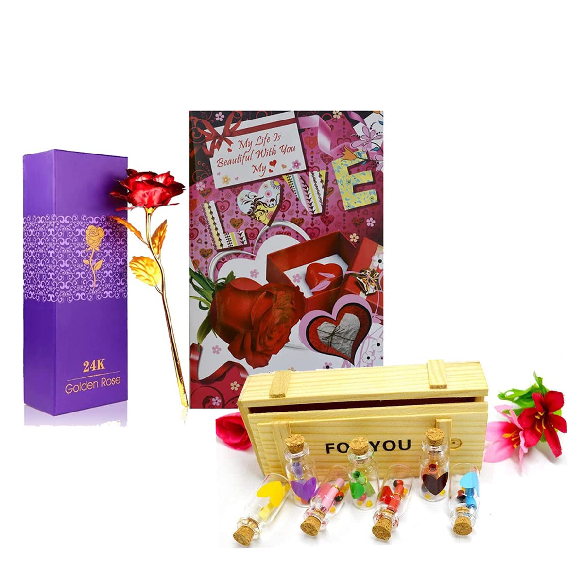 Natali Traders Love Gift for Boyfriend, Girlfriend - Artificial Red Rose with 7 Message Bottle Set with Wooden Box and Love Greeting Card - Birthday Gift
