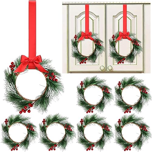 Crowye 6 Pcs Christmas Cabinets Wreaths for Kitchen Cabinets with Ribbon Hanging 10 Inches Artificial Green Leaves Decorative Berry for Kitchen Window Front Door Wall Winter Decor(Red)