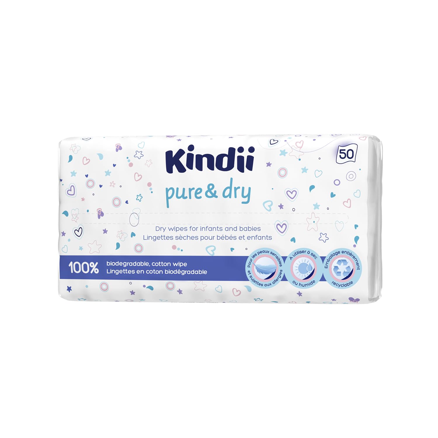 Kindii Pure&Dry Lot de Lingettes Bébé - (50 Pièces) Lingettes Sèches - Ultra douces pur coton, pour peaux sensibles, sans parfum et alcool, lingettes démaquillantes jetables - 50 Pièces