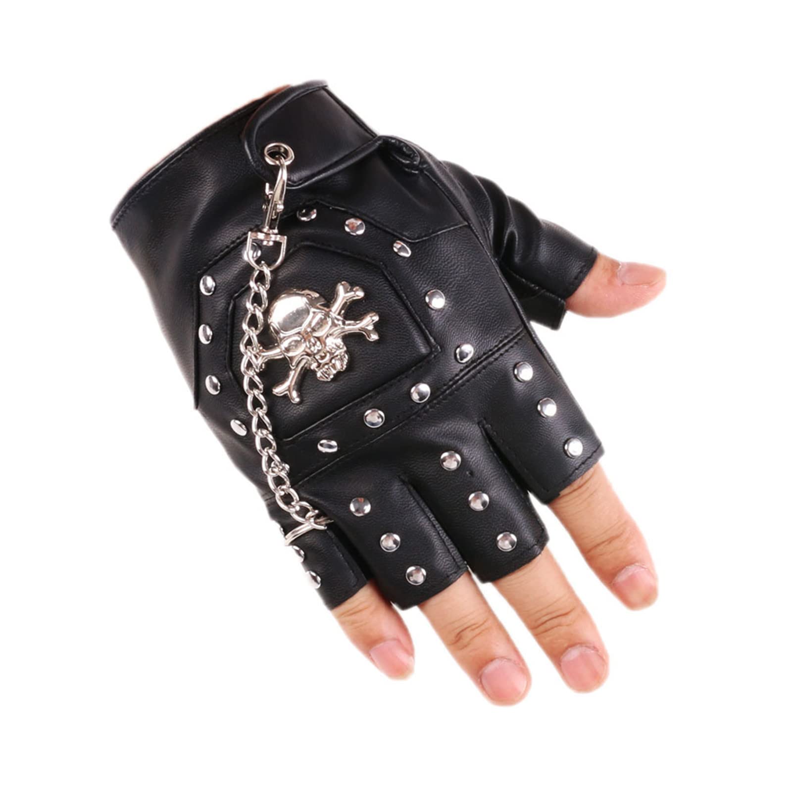Guanti da motociclista neri con rivetti punk, mezze dita, guanti da motociclista con catena in metallo per moto senza dita guanti da ballo, come da immagine, as the picture shows