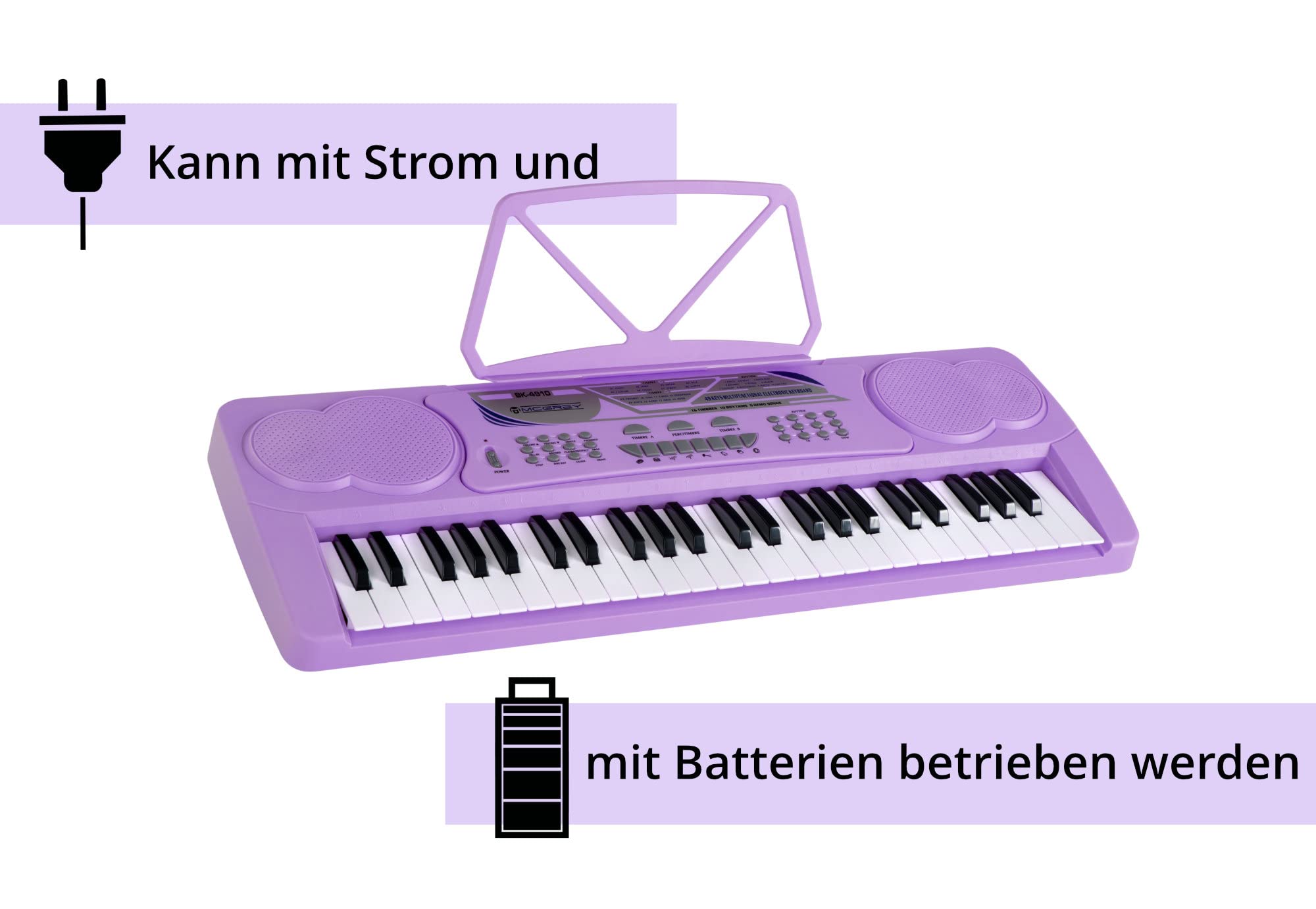 McGrey BK-4910VT Keyboard - Einsteiger-Keyboard 49 Tasten - mit 16 Sounds & 10 Rhythmen - 8 Percussion-Sounds & 6 Demo-Songs - Mikrofon & Notenhalter - Lila