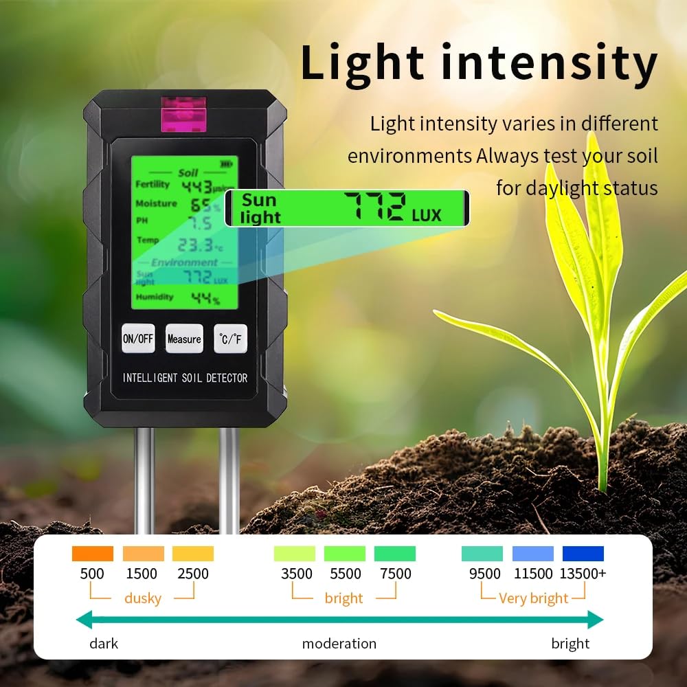 DollaTek Misuratore di terreno 6 in 1 Misuratore di umidità fertilità del suolo pH temperatura luce ambientale e umidità con schermo illuminato HD per la coltivazione di piante in giardinaggio
