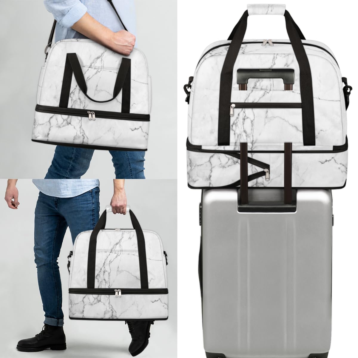 Bolsa de viaje plegable de mármol blanco con textura, bolsa de fin de semana de mármol de 47 litros con manga de carrito bolsa de hombro separada para deportes, gimnasio, viajes, multicolor, 47L,