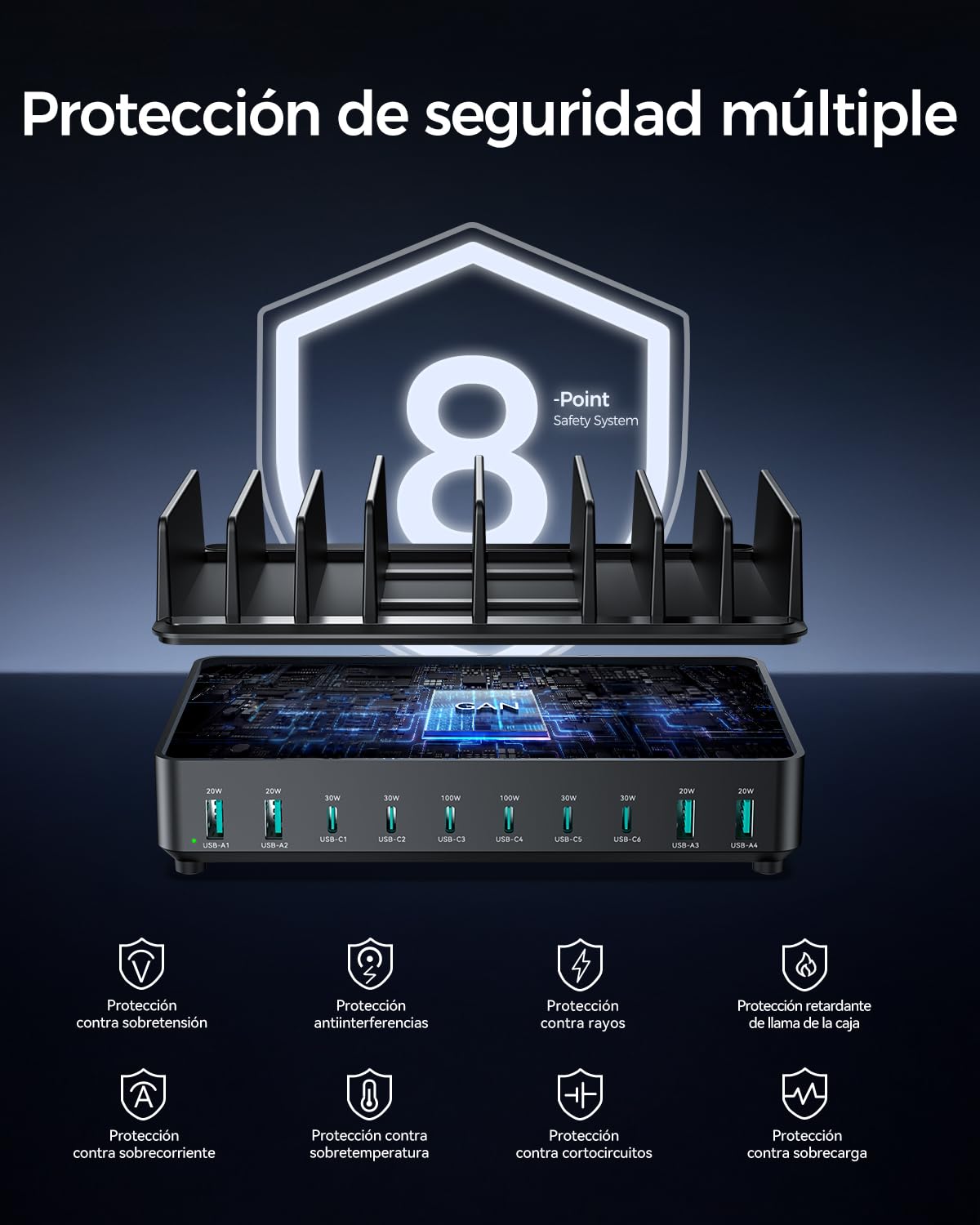 Estación de Carga Multi-Dispositivo Rocoren de 400W con USB-C, PD100W GAN 10 Puertos, Cargador de Escritorio para móviles con Carga rápida, Compatible con MacBook Pro/Air, iPh0ne y Galaxy