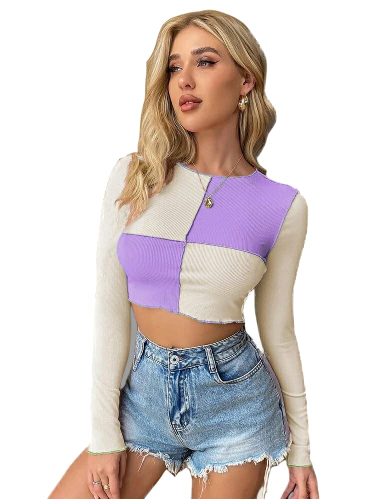 SIGHTBOMBColour Block Patchwork Extended Sleeves Ribbed Tops for Women