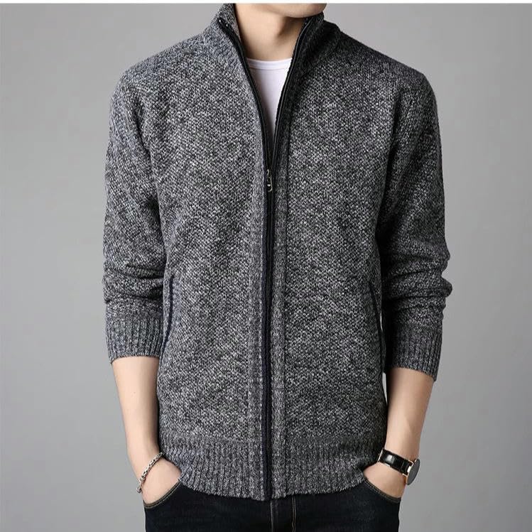 Cárdigan de moda para hombre con cuello alto forro polar y punto grueso coreano 4