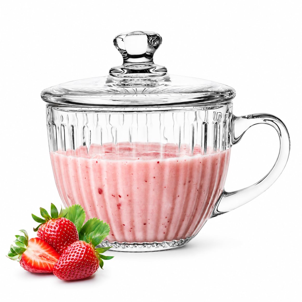 CASAQUA Glass Ramen Bowl with Lid and Handle, 460ML, Pack of 1 Microwave Safe Soup Bowl Mixing Pot Transparent Cooking Cereal Bowls Breakfast Bowls for Noodles Soup Cereals Fruits (Striped Clear)