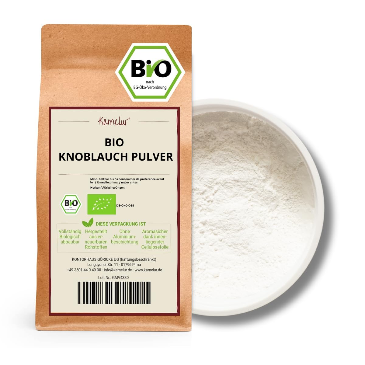 Kamelur Bio Knoblauch Pulver - 200g - Knoblauchpulver aus biologischem Anbau - Knoblauch BIO in biologisch abbaubarer Verpackung