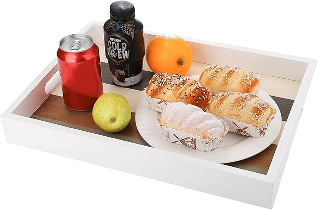 WUWEOT Rustic Wooden Serving Tray, Decorative Ottoman Tray with Handles, Rectangle Breakfast Tray Organizer for Ottoman or Coffee Table, Food, Tea, Breakfast (42 x 31 cm)