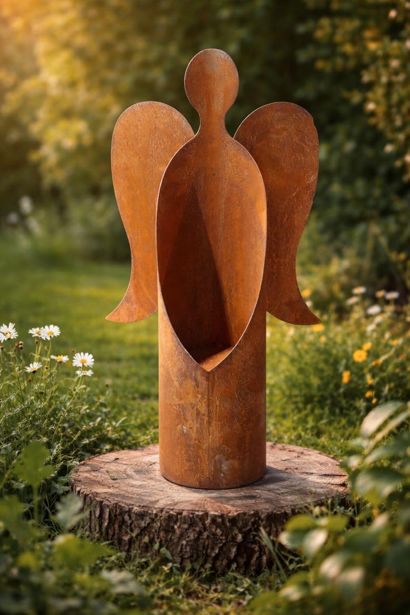 Bornhöft Edelrost Engel Figur aus Metall, 64 cm Hoch, Rostbraun, Gartendekoration mit Kerzenhalter, Weihnachtsdeko ganzjahres Deko