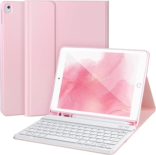Miniatura 13 de Funda de teclado para iPad 9/8/7ª generación, 10,2 pulgadas, teclado Bluetooth desmontable, color rosa