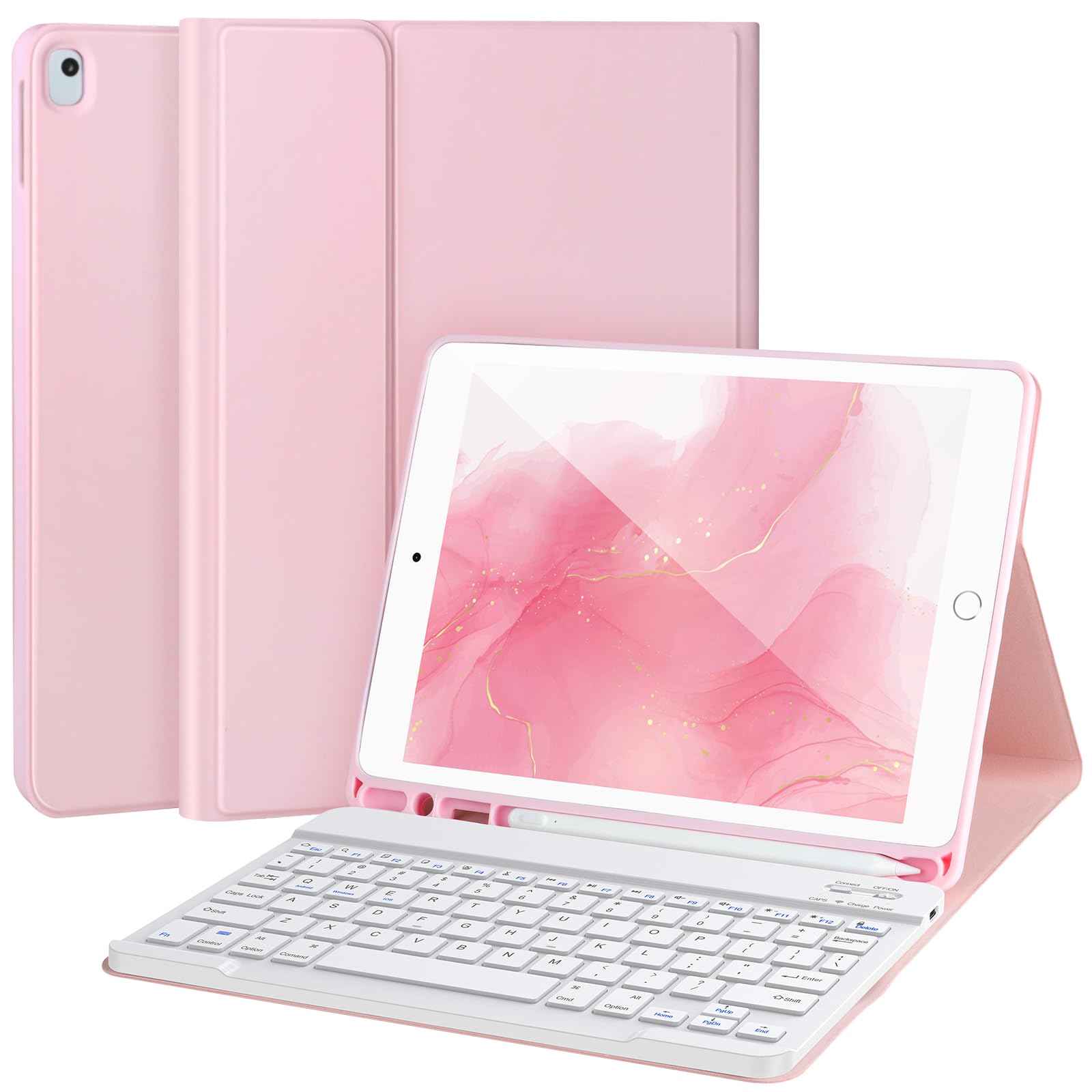 Keyboard Case for iPad 9/8/7th Gen 10.2’’,Case with Bluetooth Keyboard for iPad 9th Gen with Pencil Holder,Pink-W