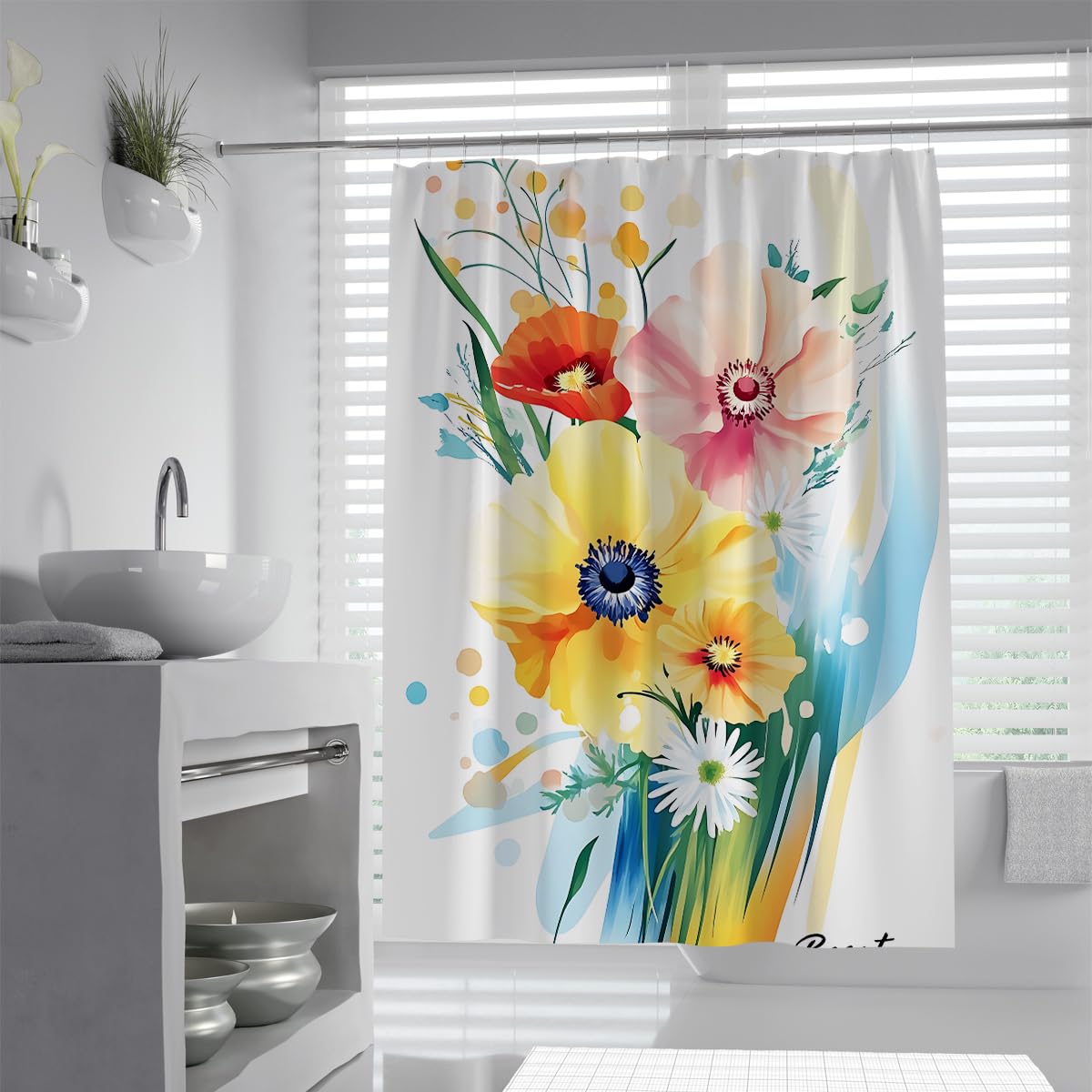 UIRINGART Watercolor Pastel Botanical Blossom Shower Curtain W200xL240cm Elegant Wildflowers Field Fabric Anti Mould Waterproof Bathroom Screen Washable For Bath Tub Home Hotel
