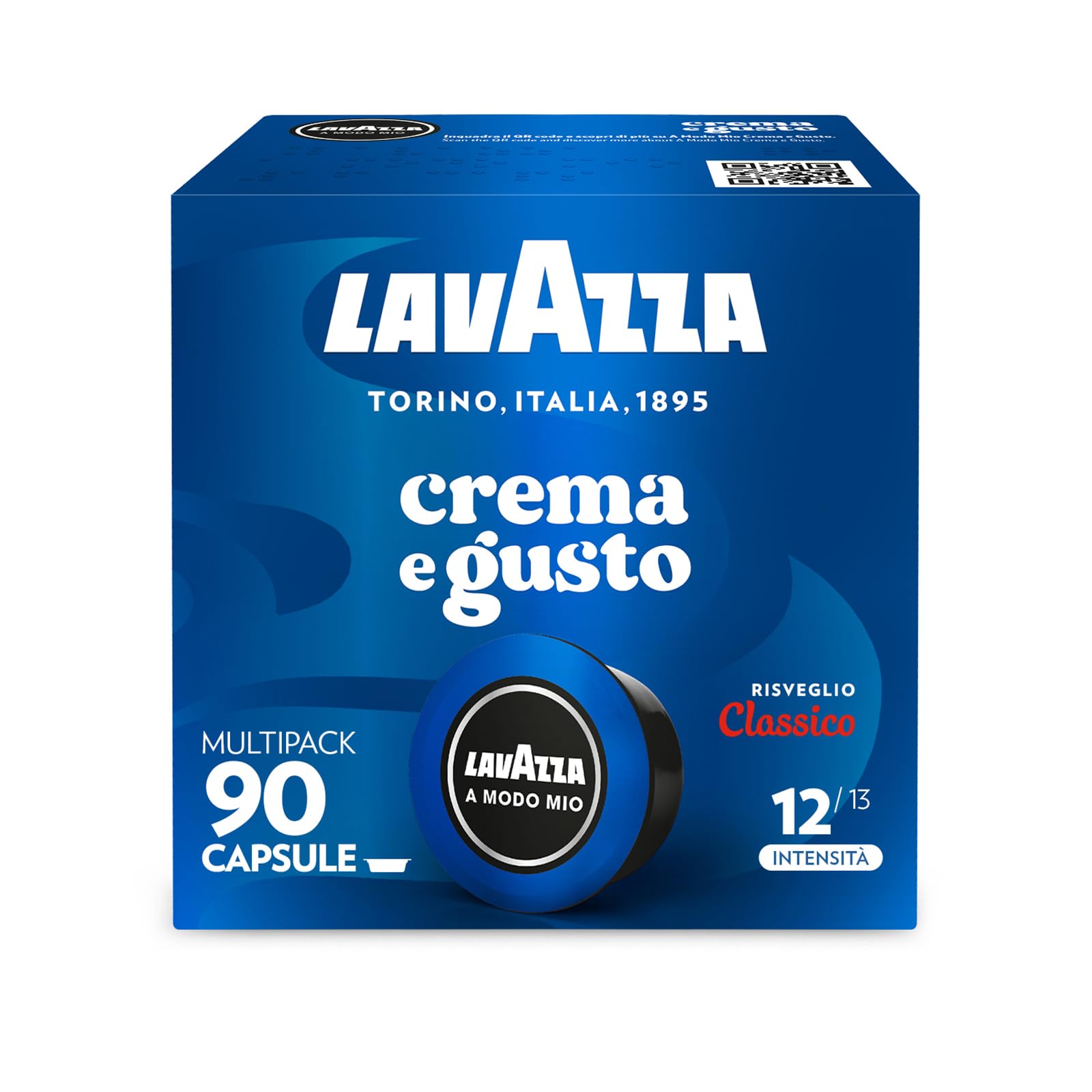 Lavazza, A Modo Mio Crema e Gusto Risveglio Classico, 90 Capsule Caffè, con Note di Cioccolato e Frutta Secca, Arabica e Robusta, Intensità 12/13, Tostatura Media