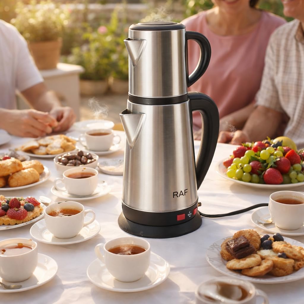 Juego de Tetera Turca, Hervidor Eléctrico de Acero Inoxidable con Infusor Extraíble, Tetera de 1 Litro y Hervidor de 2 Litros para Reuniones Familiares y Fiestas de té (Enchufe de la UE 220V)