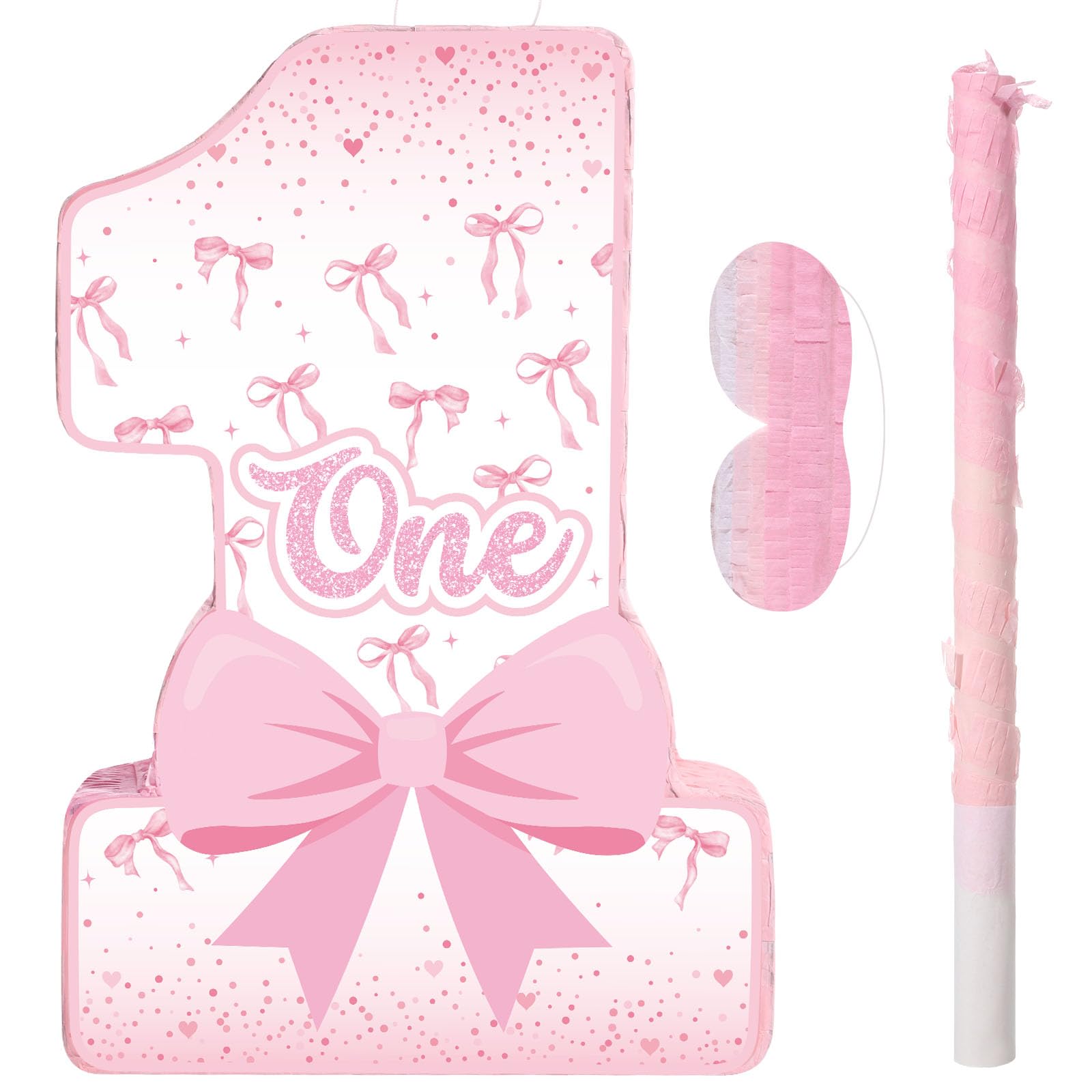 Photo 1 of Blosssound Pink Bow Piñata Girl 1st Birthday Party Decorations Supplies Number One Piñata Set with Stick Blindfold for Pink Coquette Theme Birthday Baby Shower Celebration Decorations (Bow)