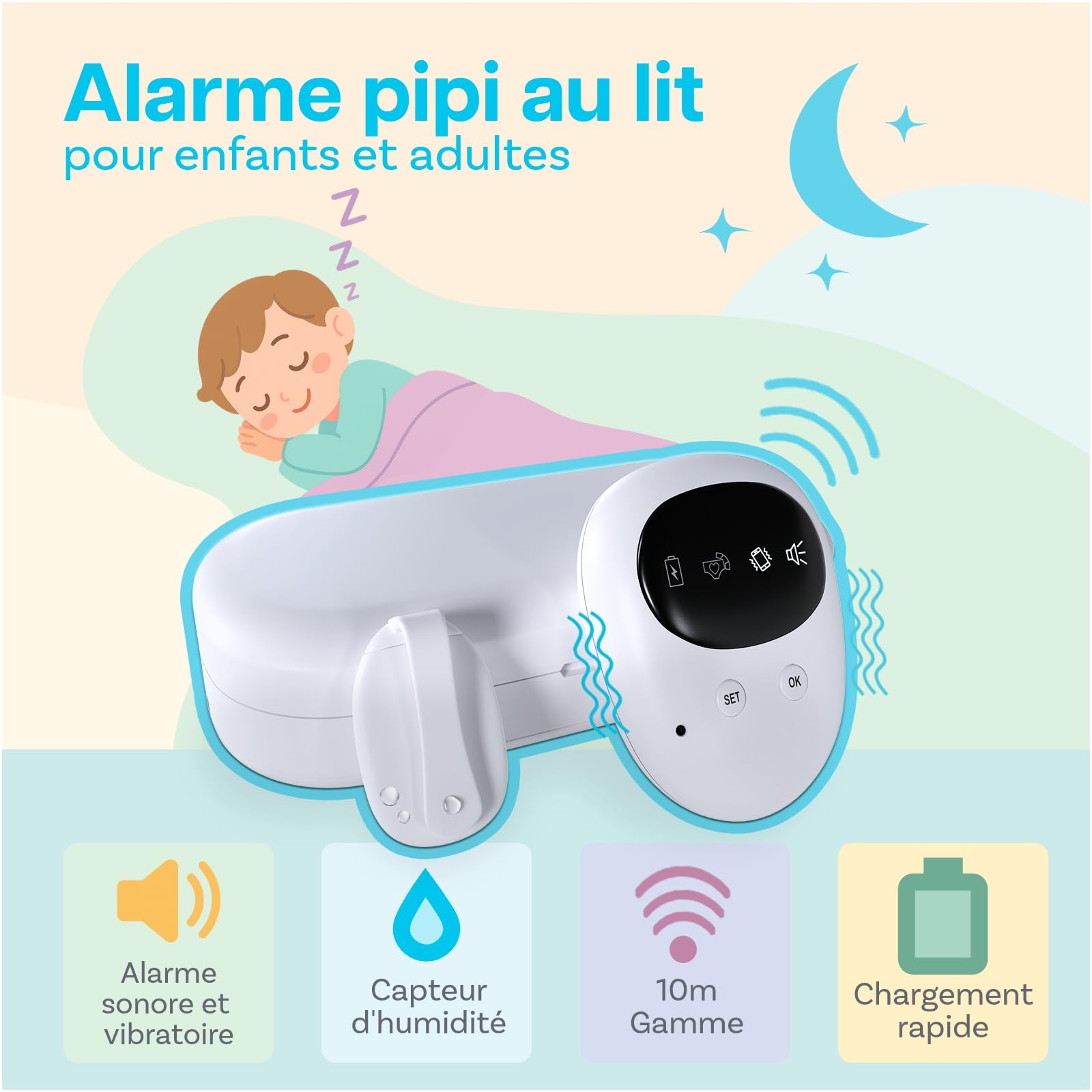 Alarme Sans Fil pour Énurésie Nocturne par MMOBIEL – Alarme Pipi Rechargeable avec Sons & Vibrations pour Enfants et Adultes – Détecteur l'Apprentissage de la Propreté - Alerte d’Énurésie Sans Fil