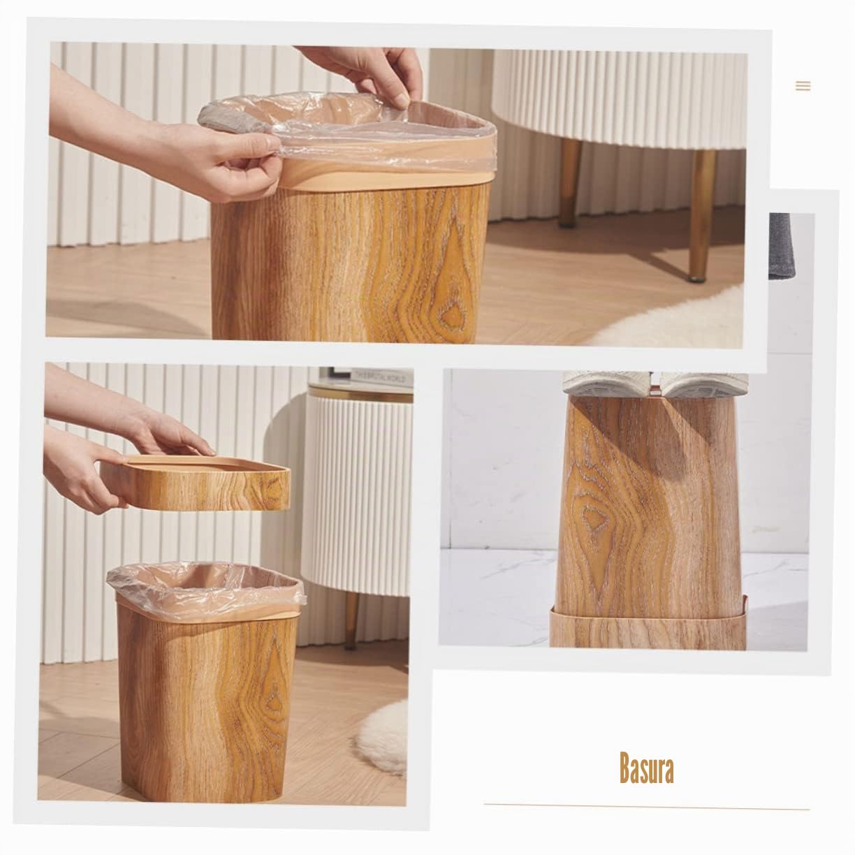 Artibetter Papelera de Gran Capacidad Nórdico con Diseño de Madera Cubo de Basura Cuadrado para Cocina Baño y Salón Contenedor Multiusos