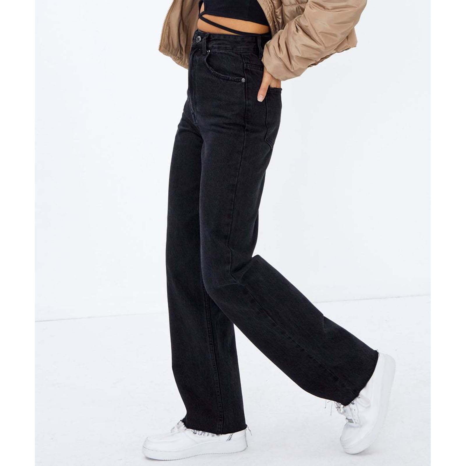Damskie Jeansy Baggy z Szerokimi Nogawkami I Wysokim Stanem Luźne Typu Boyfriend Jeans Spodnie Jeansowe Y2K z Lat 90. Czarne Proste Jeansy dla Kobiet Spodnie Jeansowe Typu Mom Jeans dla Kobie