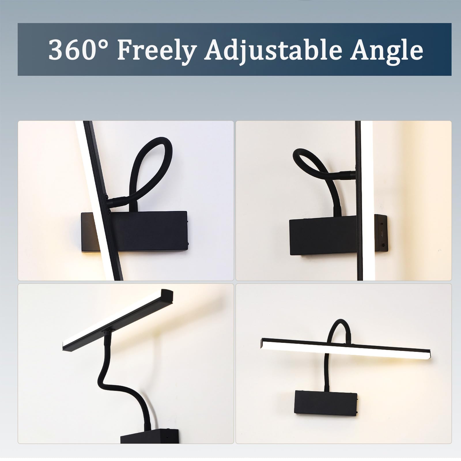 LED Luce Specchio Bagno Dimmerabile Applique da Parete con Telecomando Ricaricabile Iluminazioni per Pareti 360° Girevole Angolo Regolabile Lampada da Parete Quadri Soggiorno (Nero,2 Pezzi)