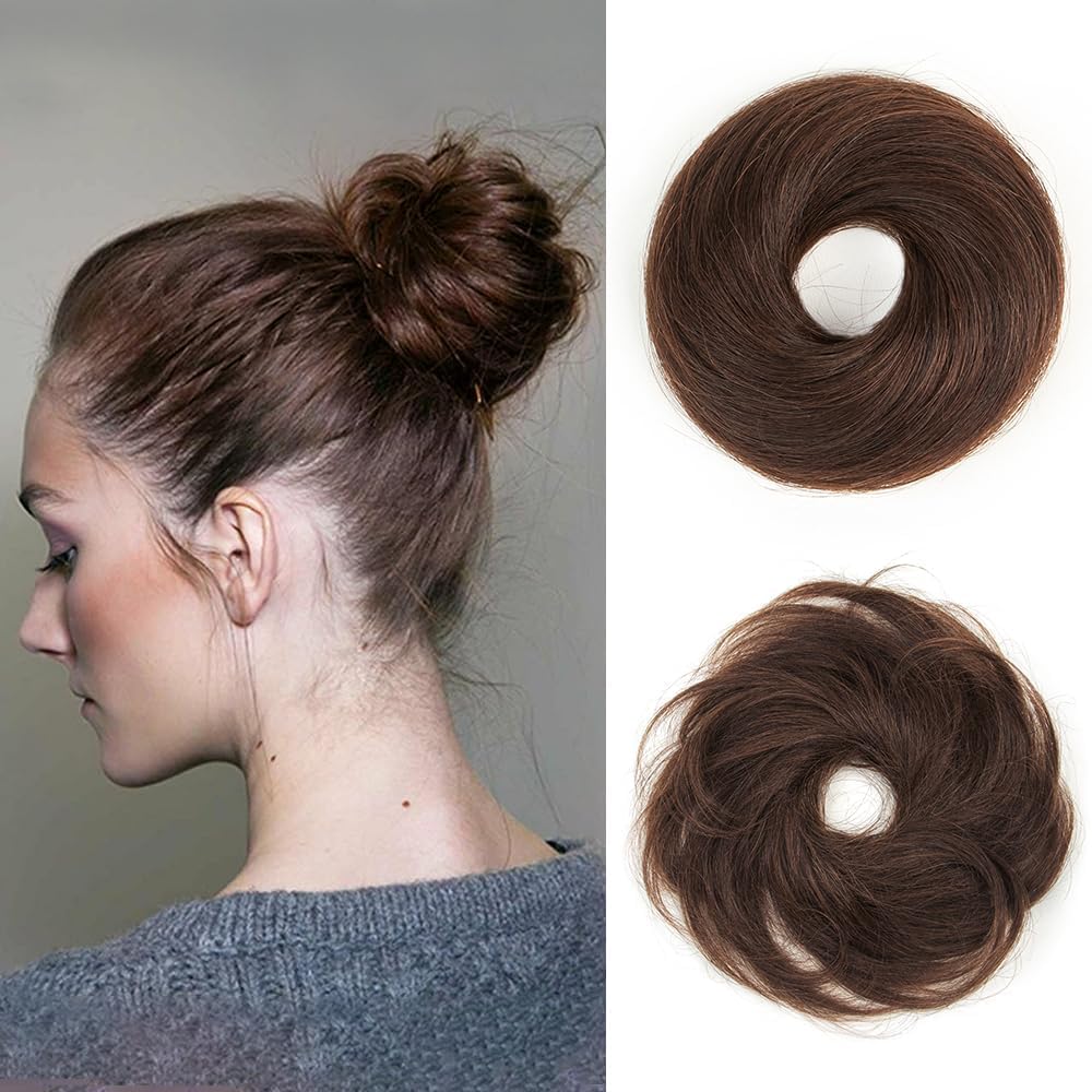 Miss Lirenn® Human Hair Extension Brown Messy Bun with Elastic Band Hair Bun 100% Human Hair Elastic Rubber Band for Women/Kids Girls Stretchy Fluffy (Brown)