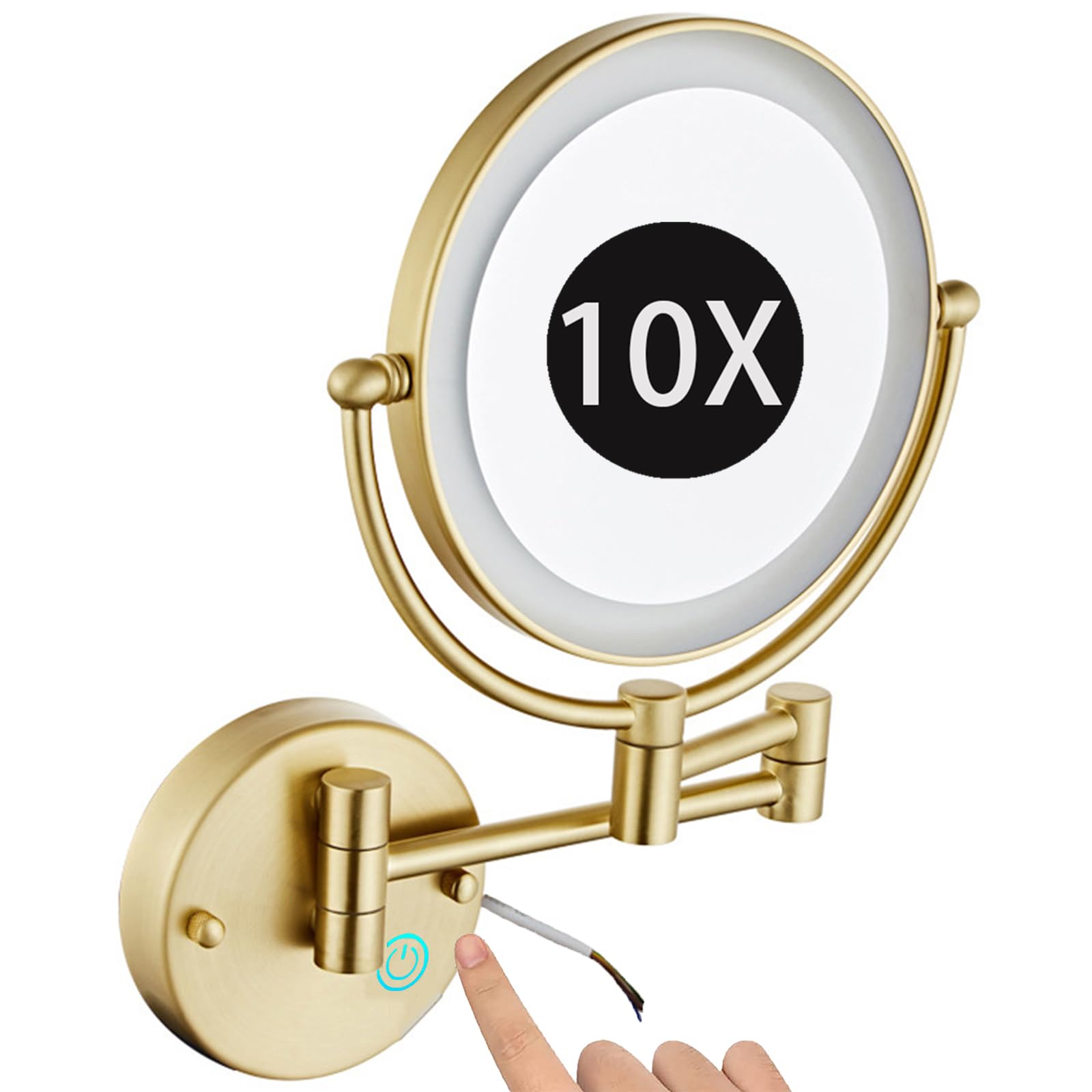 SXFSDOU 8" Wall Mounted Lighted Makeup Mirror, Hardwired Dimmable Double Sided Magnifying Extendable LED Bathroom Vanity Mirror with Lights,Brushed gold,10X