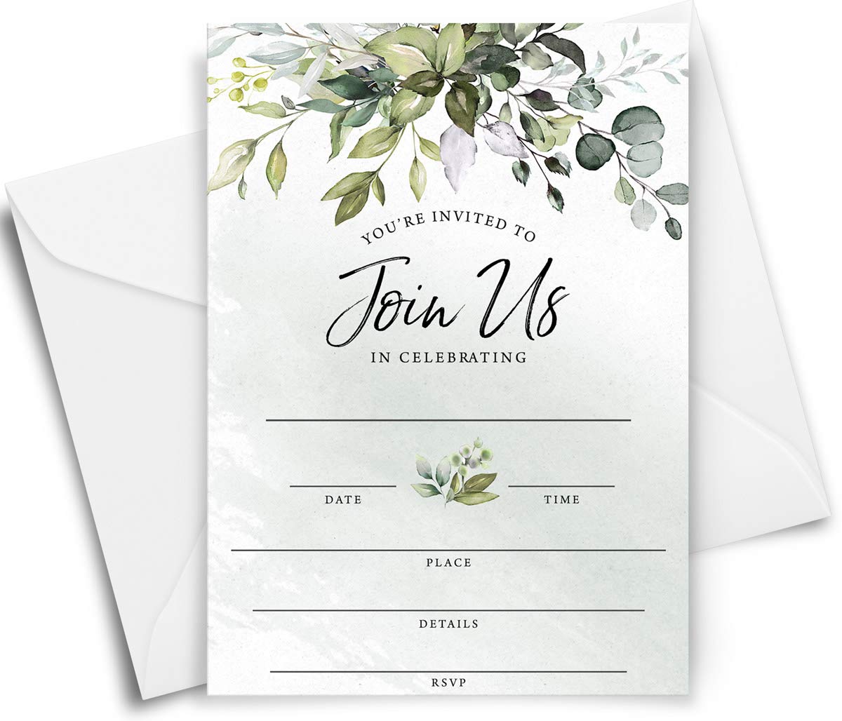 Printed Party Invitaciones y sobres rellenos, vegetación de eucalipto, juego de 25