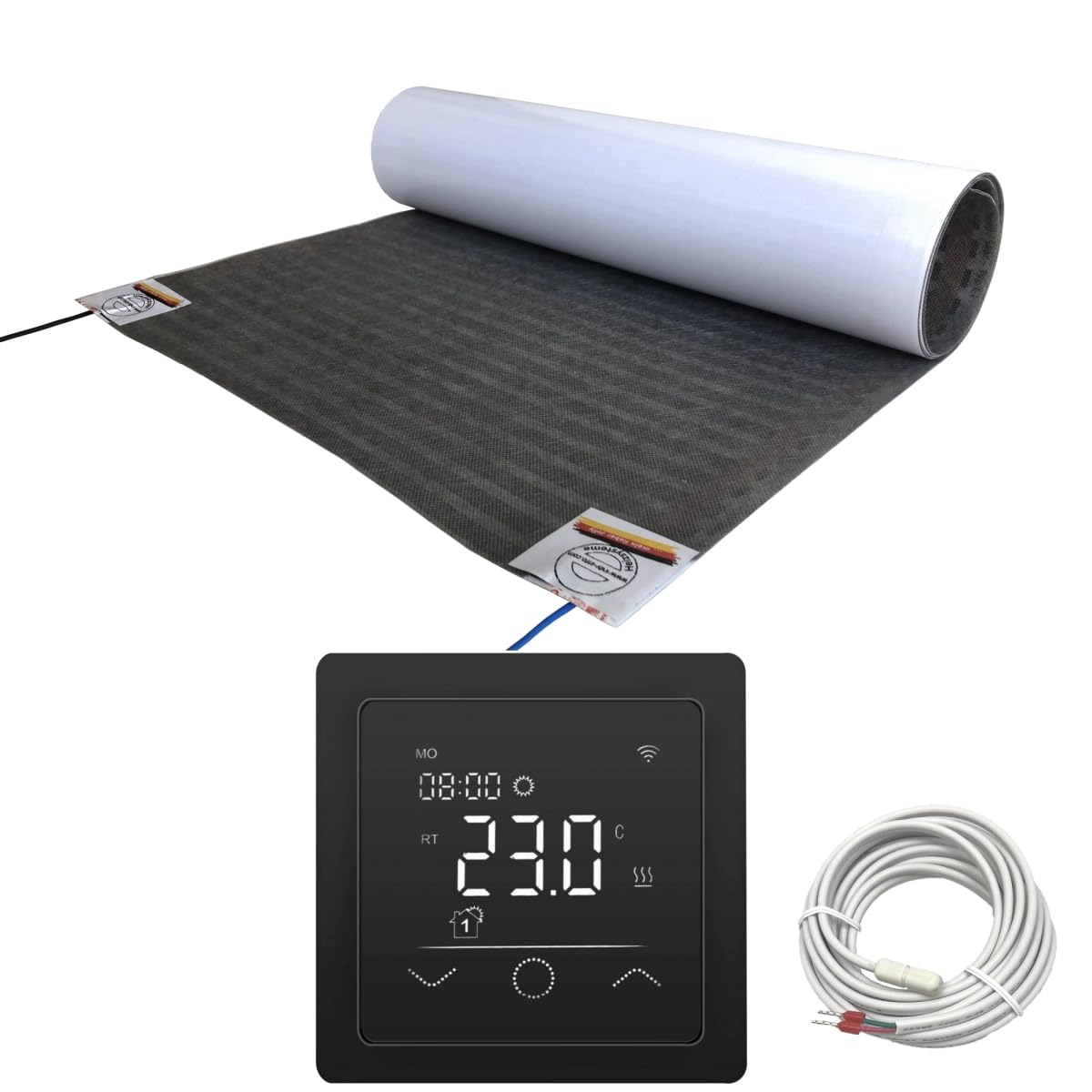 Elektryczne ogrzewanie podłogowe HoWaTech Lux folia do renowacji, laminatu, parkietu, winylu, kompletny zestaw, folia grzewcza 80 W/m², w zestawie termostat, WiFi Touch czarny, długość folii i