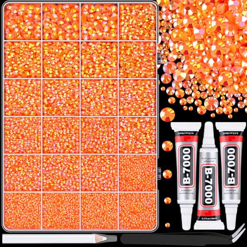 Image of 25000Pcs Resin Rhinestones with Tweezers for Crafting, Orange AB 2-6mm Mixed Sizes Bedazzling Crystal with 3Pcs 10ml B7000 Jewelry Glue for DIY Crafts Clothing Tumblers Shoes Fabric Nail Art
