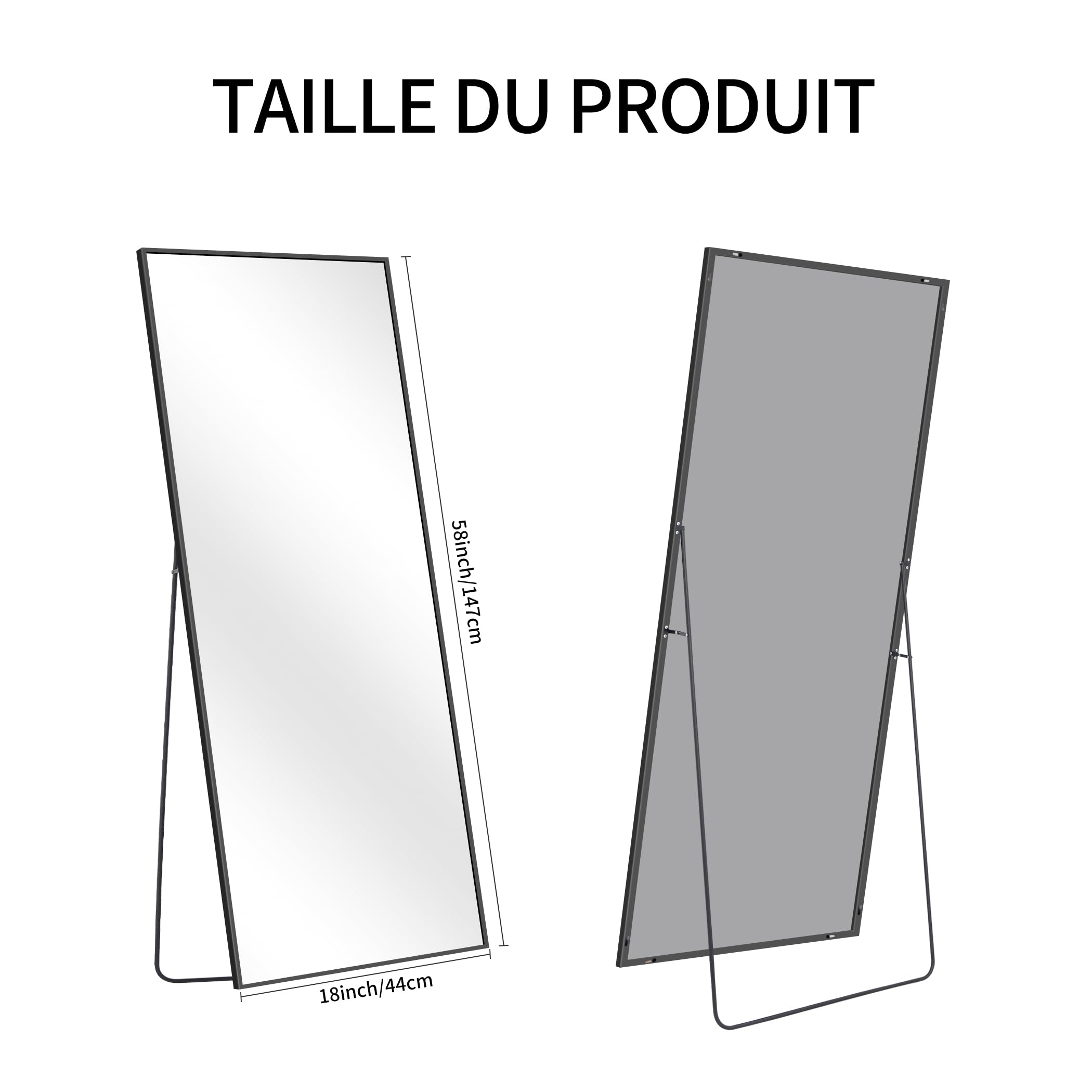 Miroir Intégral 44 x 147 cm Rectangulaire Grand Miroir Mural Cadre Noir