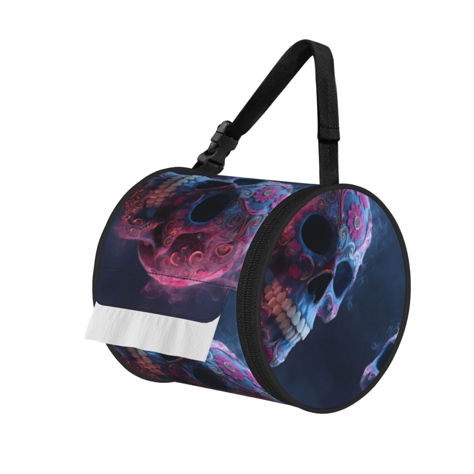 Dead Sugar Horror Skull Printed Cylindrical Tissue Bag Portable Oxford Cloth, Foldable Travel Tissue Holder With Zipper And Adjustable Belt