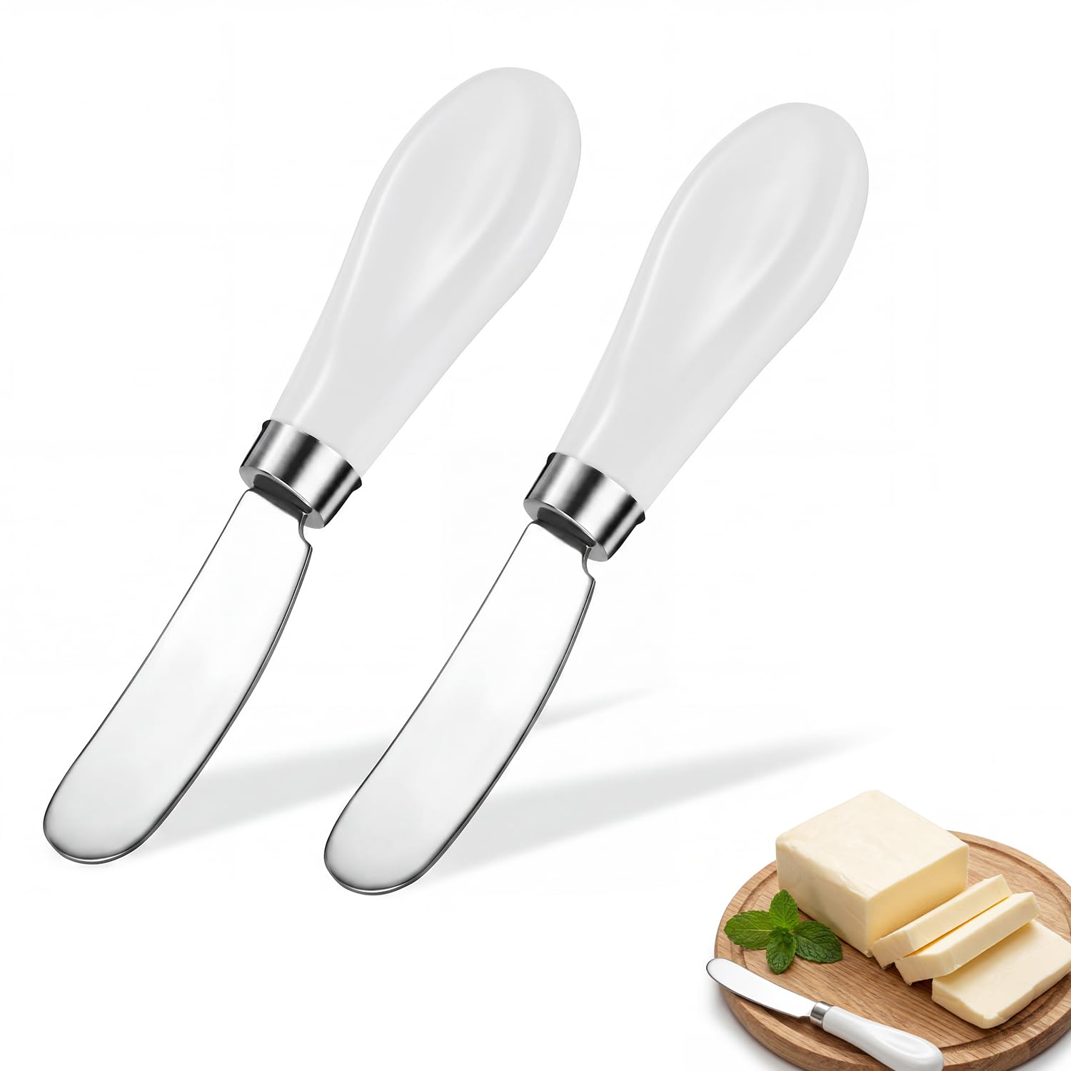 Homzixt Butter Spreader Knife Set, 2-Pack Stainless Steel Butter Knives, Ceramic Handle Cheese Knives, Dishwasher Safe, for Kitchen, Cold Butter, Jam, Soft & Hard Cheese (white)