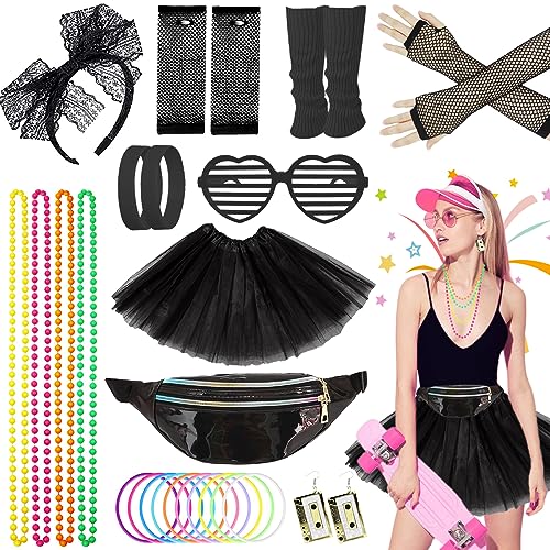 80s Fancy Dress for Women Girls, 1980s Party Costume Accessories Set Bumbag Tutu Skirt Leg Warmer Earrings Fishnet Gloves Necklace Glasses Bracelet Headband, Retro Outfit for 80s Party/Dress up Day