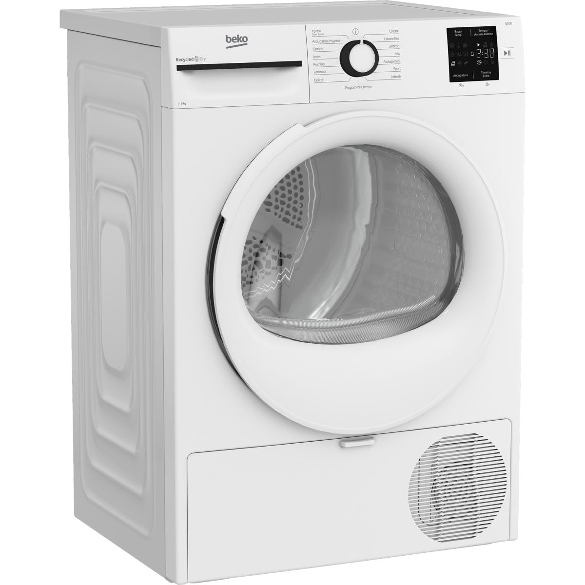 Beko Asciugatrice BMT93EW 9kg, Classe D, Linea Estetica NX, motore asincrono, Display digitale, colore Bianco, oblò Bianco