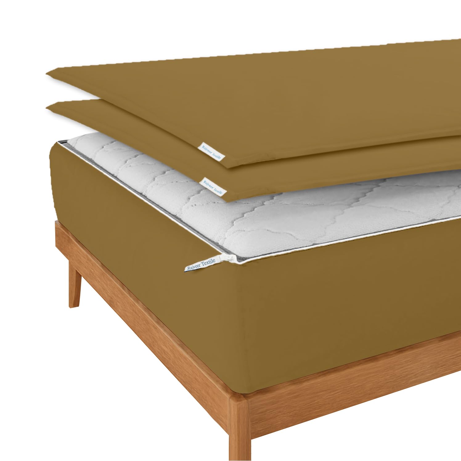 Zip On Fitted Sheet- Includes 1 Fitted Base + 2 Zip Sheet - Easy to Change, Upto 15" Inch Deep Pocket Single Size(35"×75"×15" inch) Cotton Zipper Fitted Sheet - Taupe
