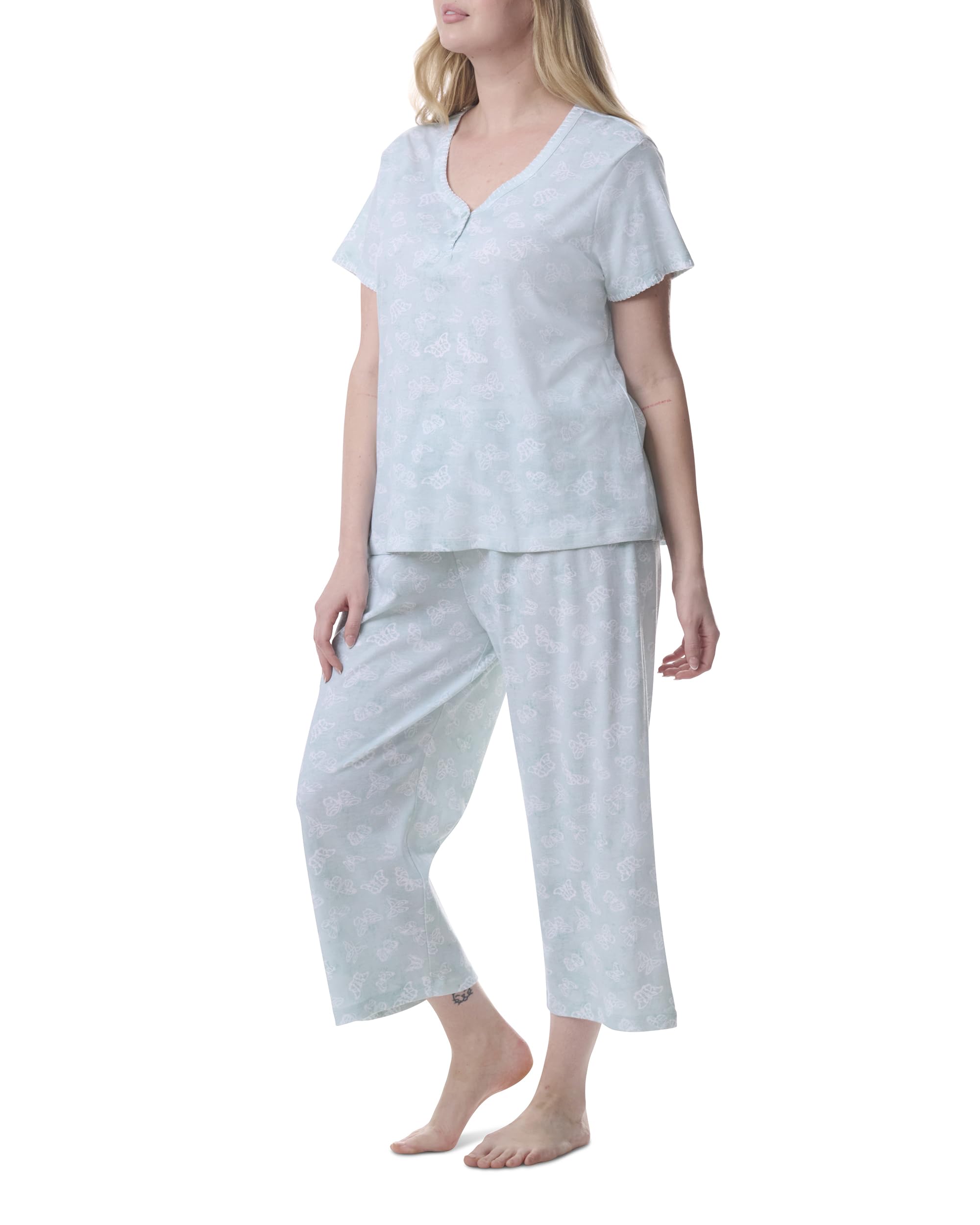 Karen Neuburger Women's Plus Size Henley Short-Sleeve Top and Capri Pant Pajama Set