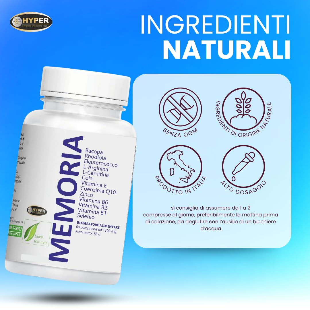 HYPER MEMORIA – Integratore per Concentrazione, Focus e Energia Mentale con Bacopa, Rhodiola, Eleuterococco, L-Arginina, L-Carnitina, Coenzima Q10, Vitamine B1 - B2 - B6 -E, Zinco e Selenio.