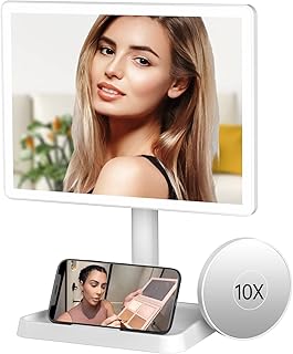 Rechargeable Makeup Mirror with Lights, 96 LED Lighted Makeup Vanity Mirror with Phone Holder and 10X Magnifying Mirror, 3 Color Lighting, Light Up Cosmetic Mirror with Dimmable Sensor Touch