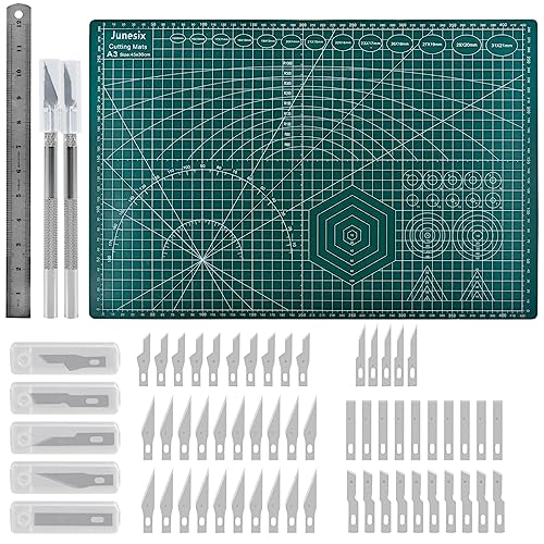TMBMLPP Tapis de découpe A3 avec 55 couteaux de bricolage, 2 poignées et règle en acier, pour bricolage, dessin et scalpel - Vert