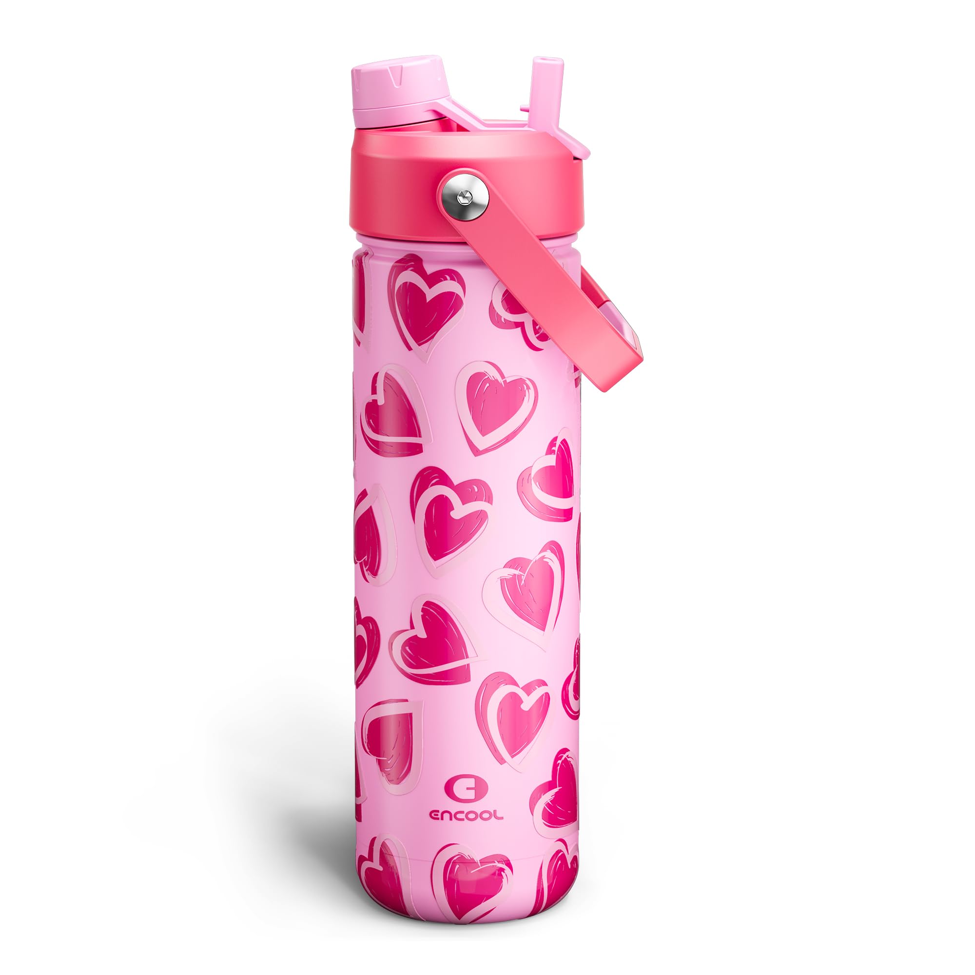 ENCOOL Insulated Water Bottle with Straw Stainless Steel Water Bottle, Leak-Proof, BPA-Free, Keeps Cold for 24 Hours for Sports, Travel, School (26 oz, Sketch Hearts Pink x Pink)