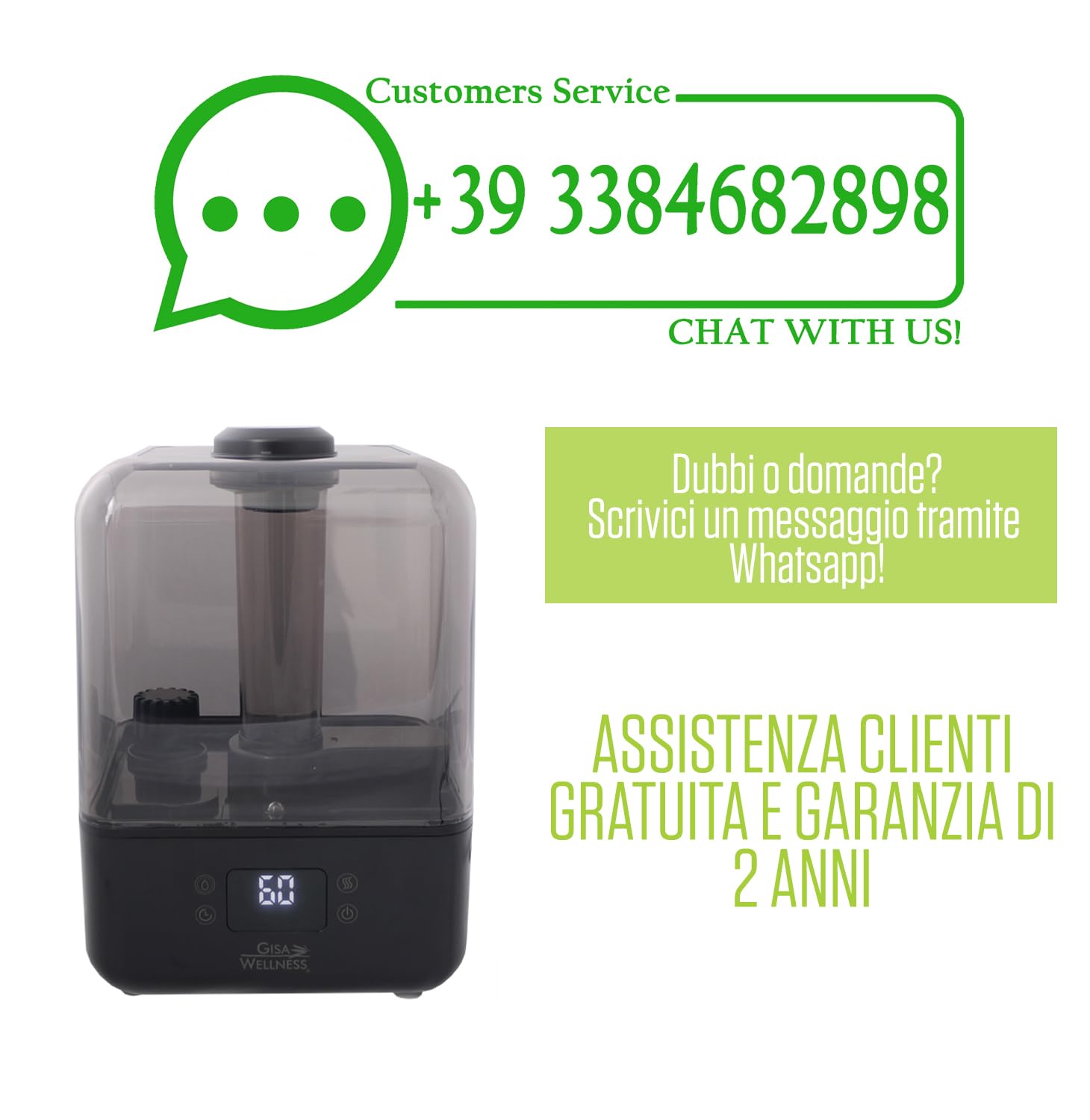 Gisa Wellness - Umi-One - Umidificatore Tecnologico ad Ultrasuoni 4,5L - Aromaterapia - Modalità Notturna - Ampio Serbatoio - Per Soggiorni, Uffici, Camera da Letto e Relax