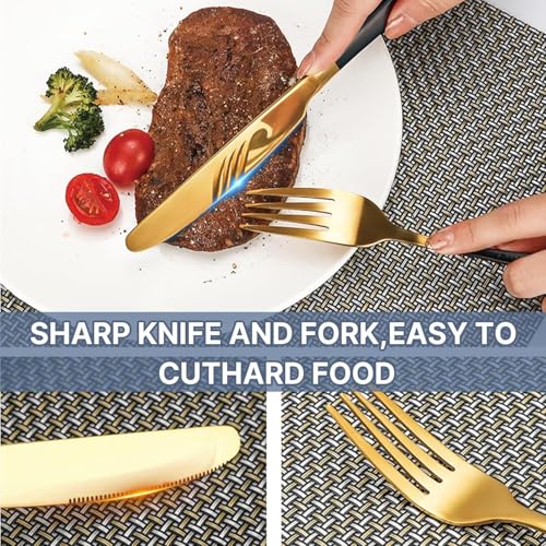 Image of 24 Pieces Flatware Set, Stainless Steel Cutlery Set with Silverware Holder, Modern Gold Silverware Set Includes Dinner Knives Forks Spoons,Hanging Silverware (Black)