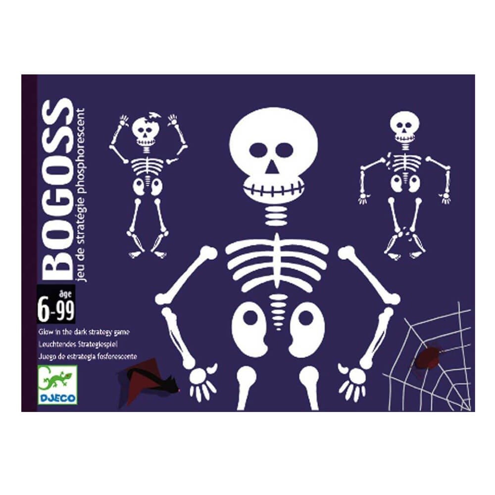 Djeco Bogoss glow-in-the-dark card game – Skeleton-building strategy for kids & families, 44 FSC cards, Halloween-themed fun, compact travel-size box