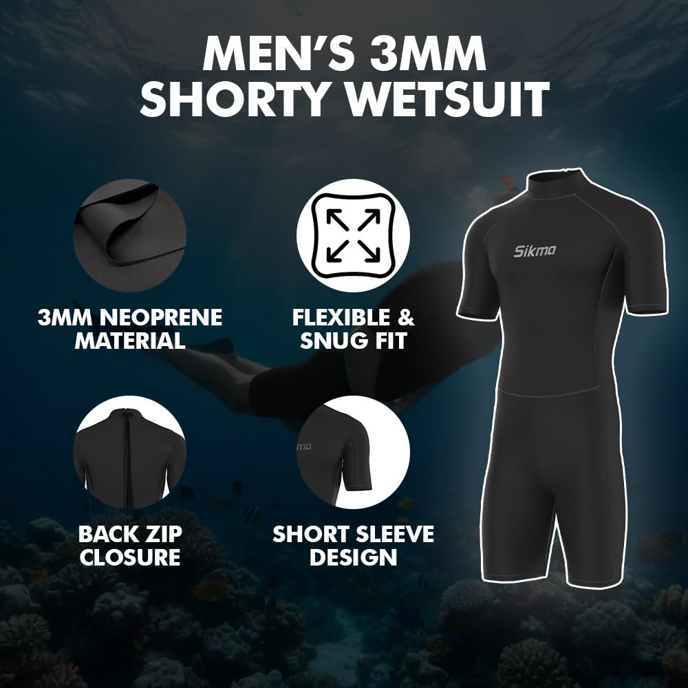 Sikma Muta da uomo in neoprene da 3 mm per surf, immersioni, a maniche corte, con cerniera posteriore, flessibile e confortevole, perfetta per nuoto, immersioni subacquee, snorkeling