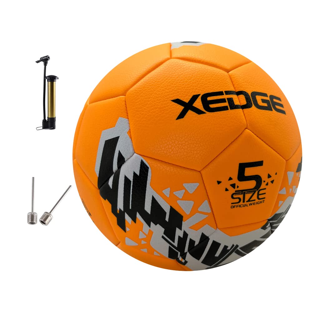 XEDGE Balón de fútbol de tamaño oficial, bola de entrenamiento de tamaño 5 para niñas, niños, jóvenes adolescentes, adultos, cosido a máquina para juegos en interiores y exteriores (naranja, talla 5)